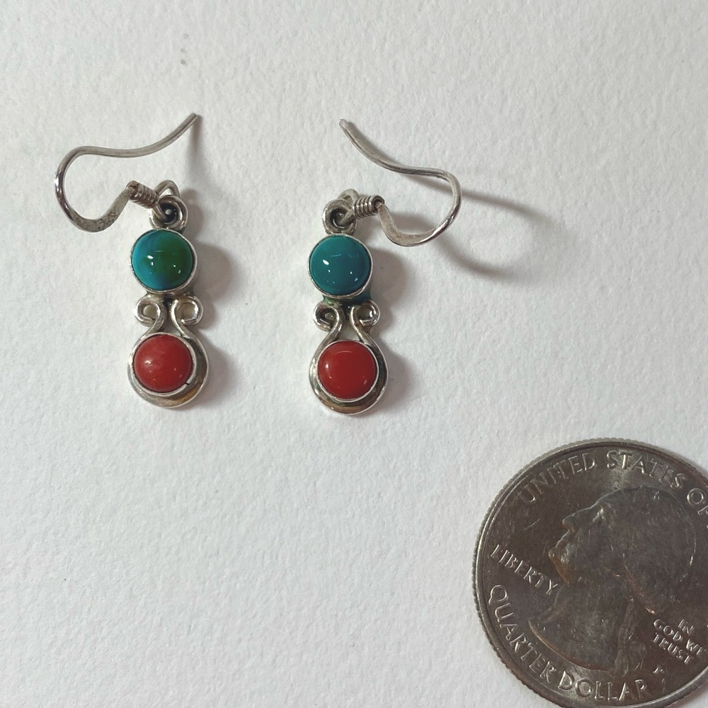 Vintage Sterling Silver, Coral, & Turquoise Drop Earrings